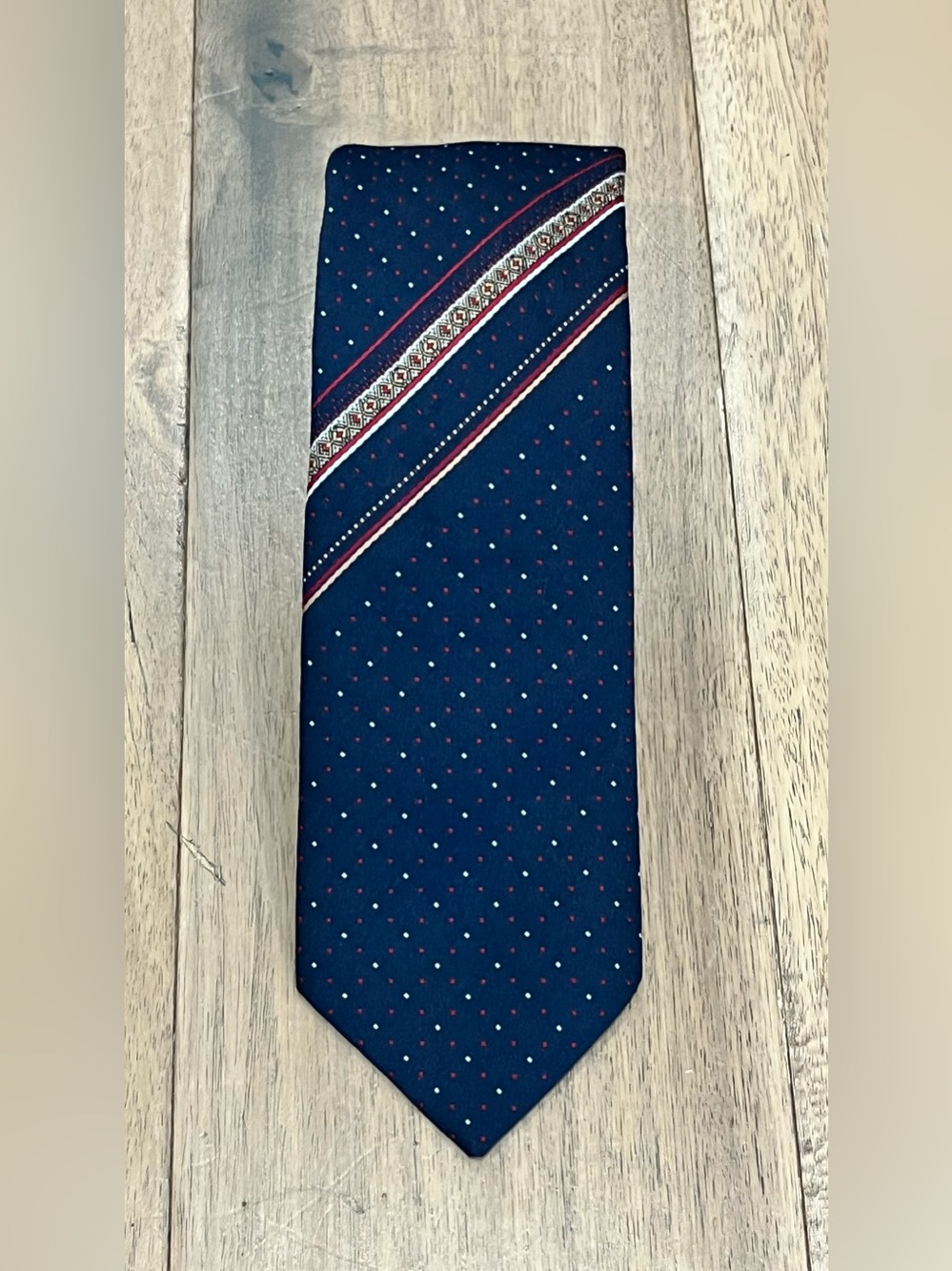 Yves Saint Laurent Navy Silk Tie with Red Dot and Stripe Detail